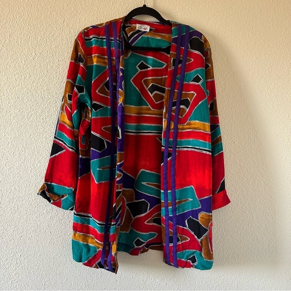 In CinQ Women’s VTG Duster Sz 14 Multicolored Artsy Art To Wear Retro Granny